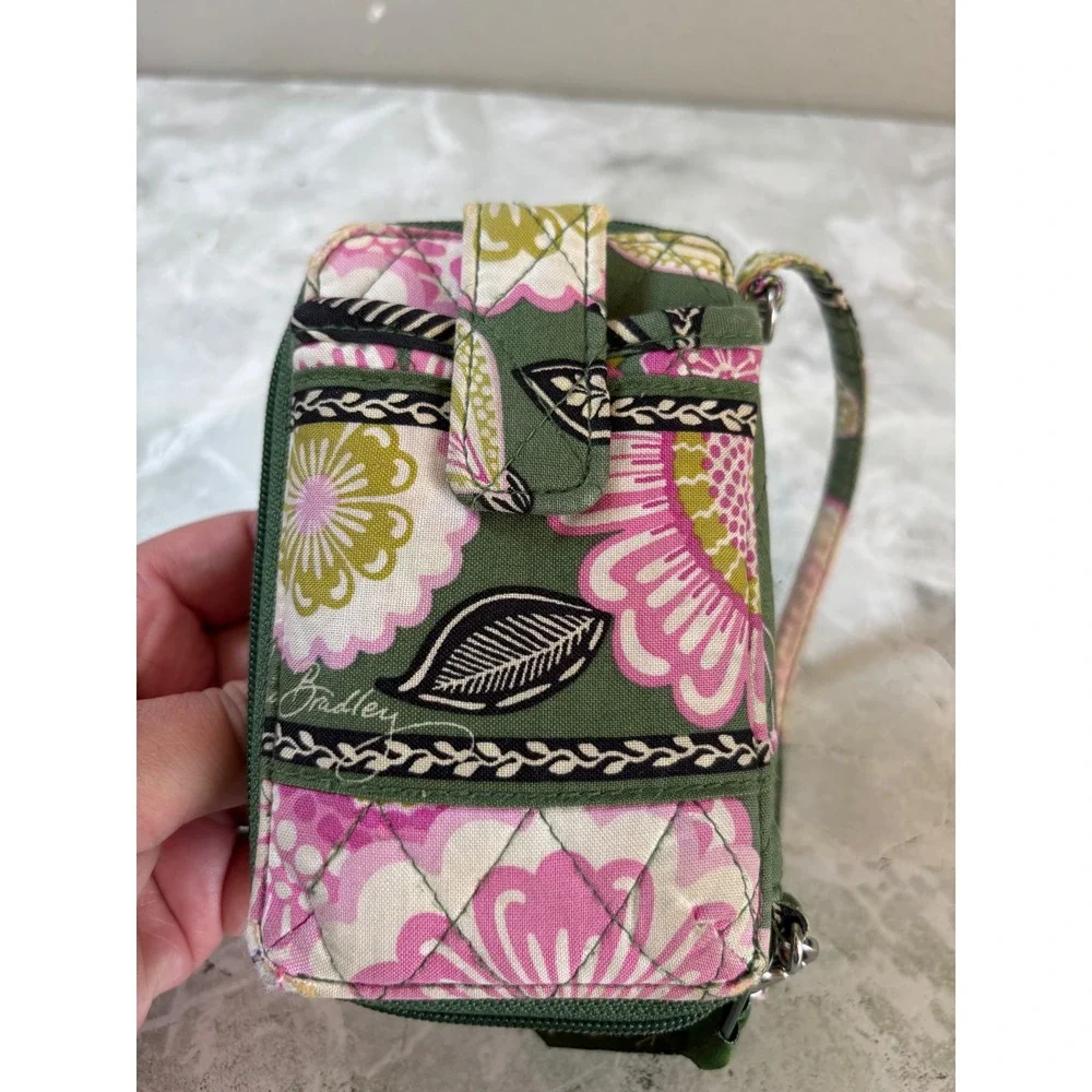 Vera Bradley All In One Crossbody Wallet Wristlet Green Pink Floral Quilted - Picture 6 of 8
